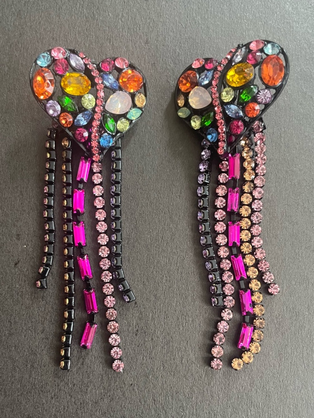 Zara Rhinestone Tassel Earrings Multicolor Heart Black Tone Statement Earrings